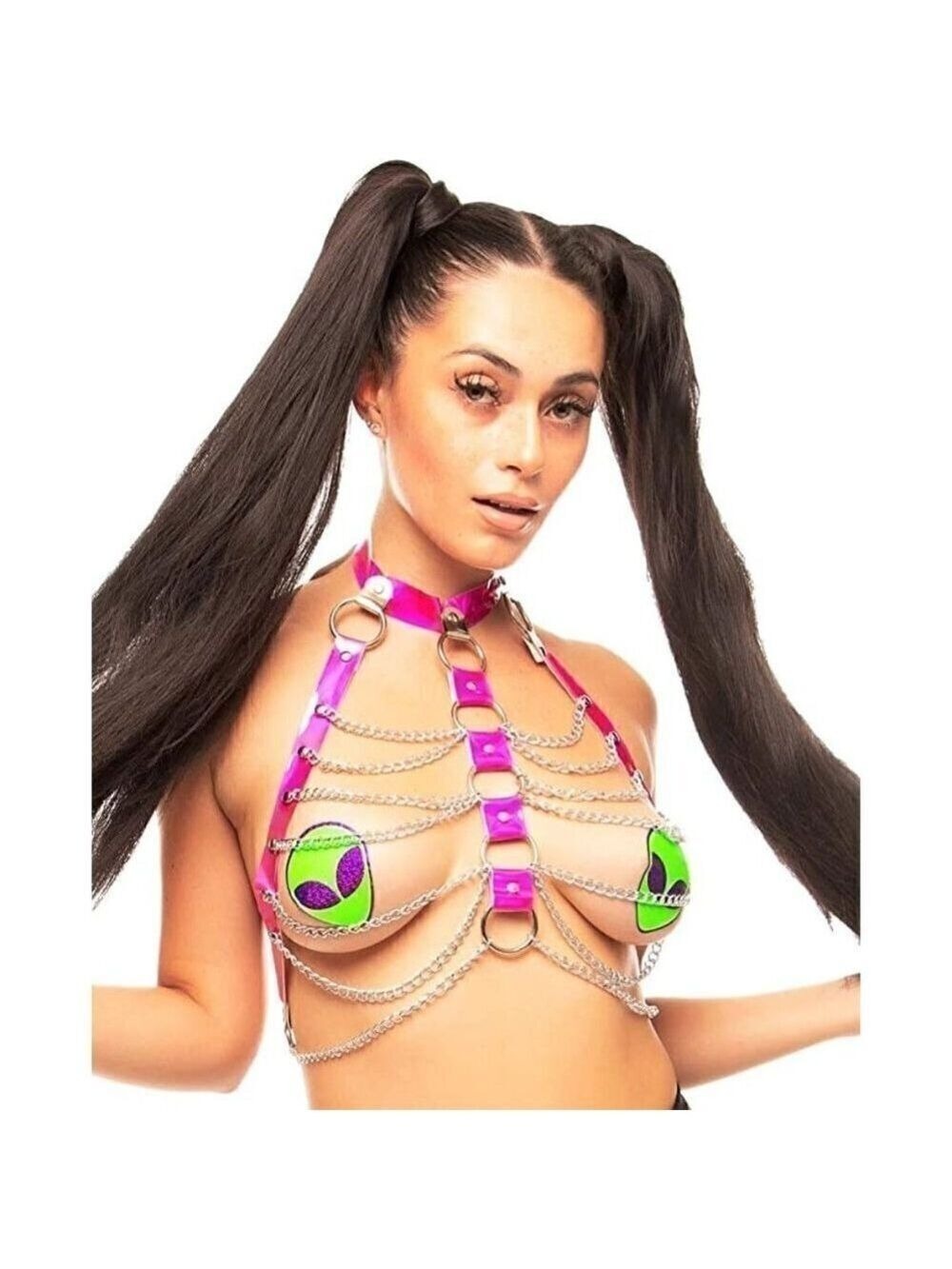 Pink Hologram Body Chest Harness Cage Bra Choker Chain Costume Pasties Festival